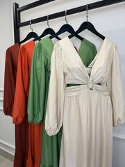 Maxi Viscose Dress with Sleeves and Rhinestone Waist Detail
