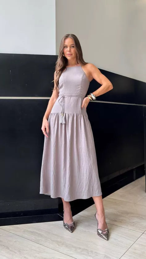 Linen Drop Waist Dress with Matching Fabric Belt