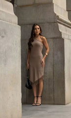 Knitted Dress with Asymmetrical Hem and Fringes