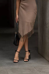 Knitted Dress with Asymmetrical Hem and Fringes