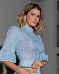 Short Chiffon Dress with Ruffled Sleeves and Subtle Sheen