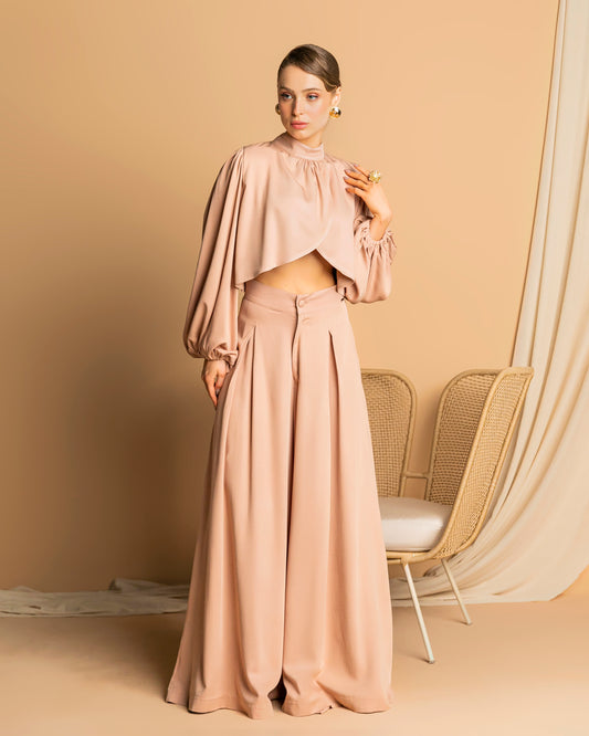 Tailored Set with Palazzo Pants and Long-Sleeved Cropped Top