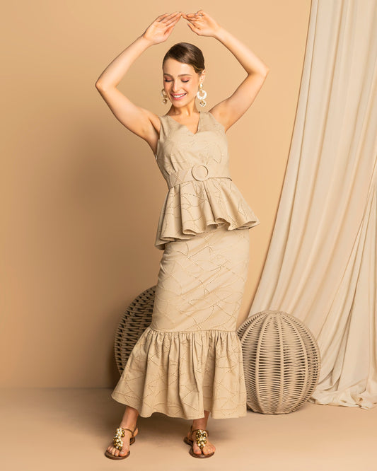 Russian Linen & Laise Set with Ruffled Skirt, Blouse, and Matching Belt