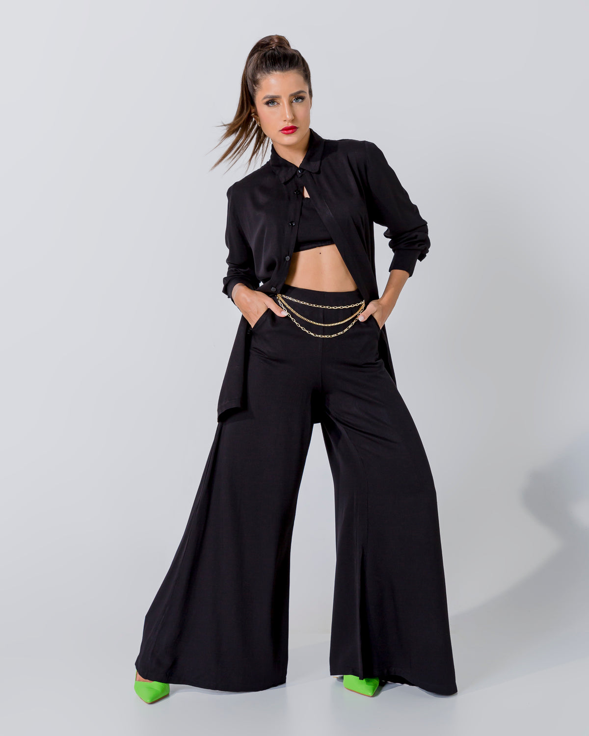 Tailored Three Piece Linen Set with Top, Pants, and Shirt Featuring Gold Belt