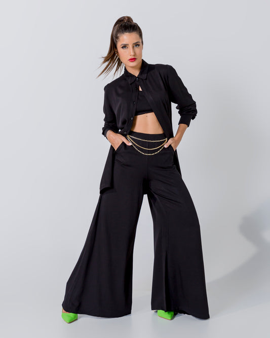 Tailored Three Piece Linen Set with Top, Pants, and Shirt Featuring Gold Belt