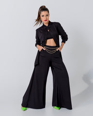 Tailored Three Piece Linen Set with Top, Pants, and Shirt Featuring Gold Belt