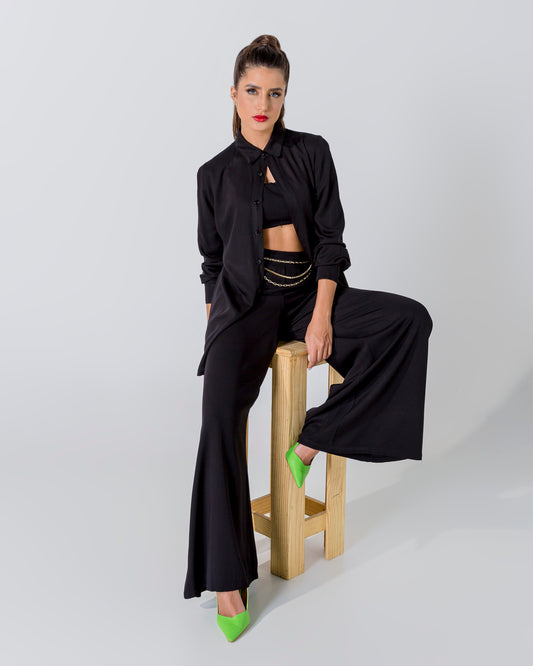 Tailored Three Piece Linen Set with Top, Pants, and Shirt Featuring Gold Belt