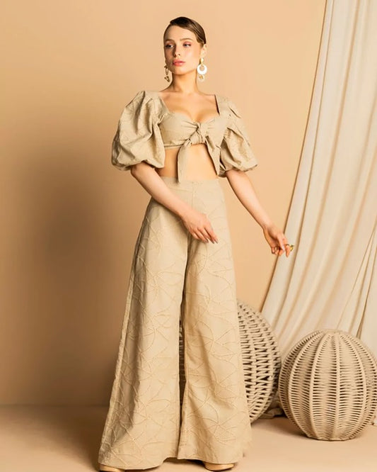 Russian Linen Set with Wide-Leg Pants and Front-Tie Sleeve Top
