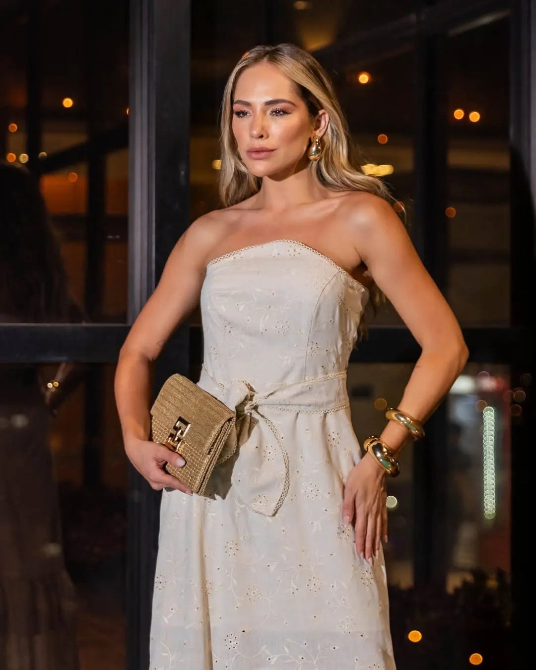 Strapless Linen and Laise Maxi Dress with Matching Fabric Belt Accyoli Concept Fashion