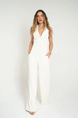 Off White Jumpsuit Tailored with Exposed Back Accyoli Concept Fashion