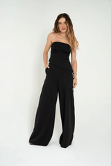 Black Tailored Set with Draped Top & Asymmetrical Palazzo Pants - Accyoli Concept Fashion