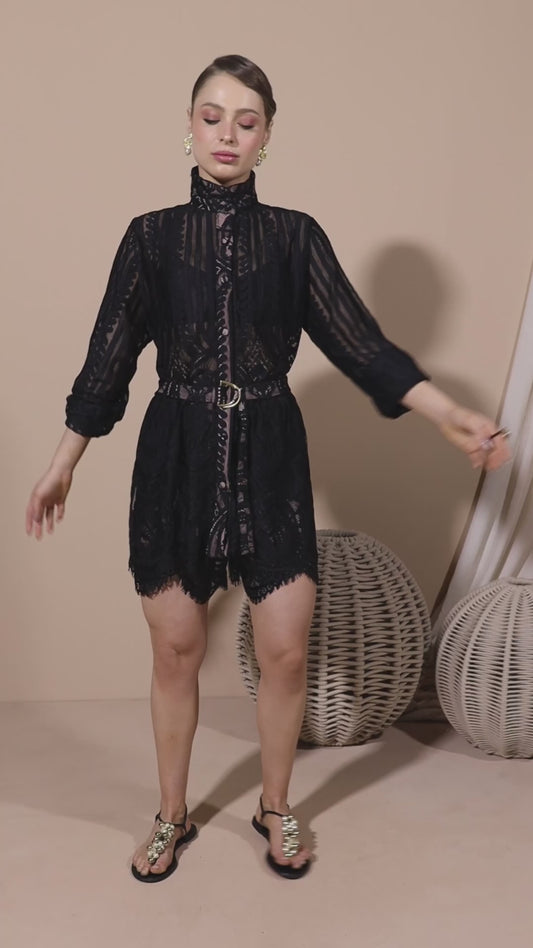 Lace Mini Dress Set with Hidden Shorts and Pink Lining